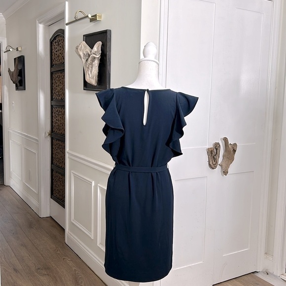 Banana Republic Women Navy Crepe Shift Dress Flutter Sleeve Belted S Fall Chic - Picture 2 of 8